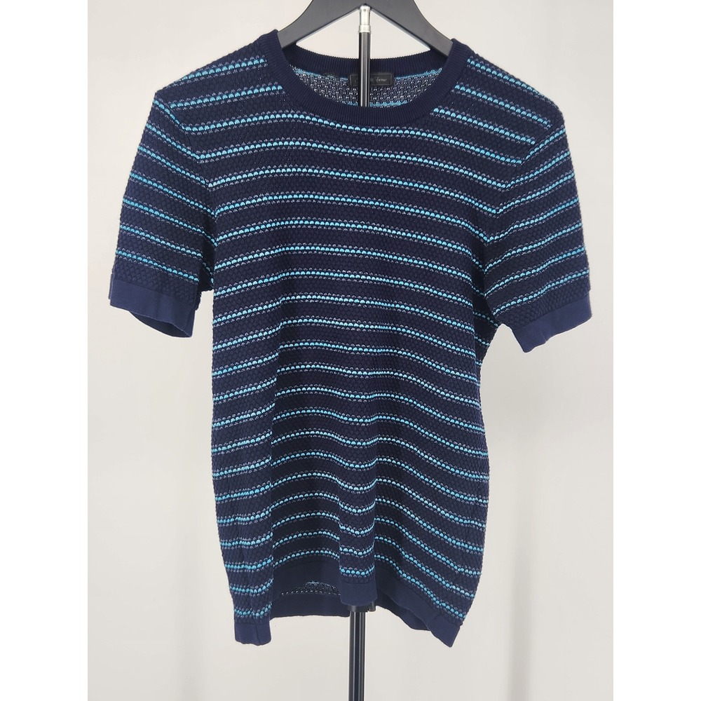Saks Fifth Avenue Navy Blue Striped Short Sleeve Knit Sweater Made in Italy S